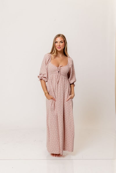 Worth Collective Cecilia 100% Cotton Smocked Maxi Dress in Rose Foliage - Bump Friendly