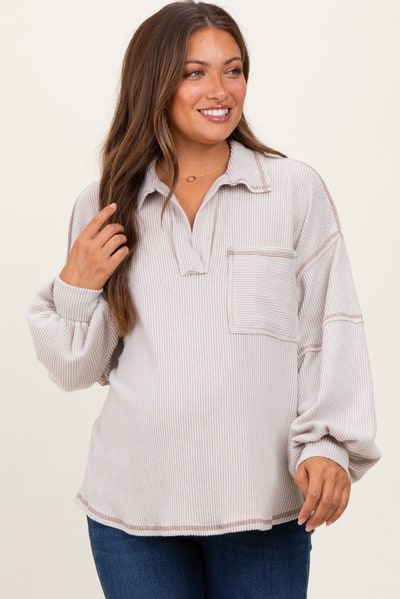 PinkBlush Beige Solid Ribbed Long Sleeve Pocketed Collared V-Neck Maternity Top