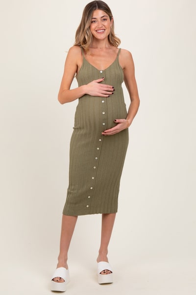 PinkBlush Olive Sleeveless Button Accent Knit Maternity Midi Dress
