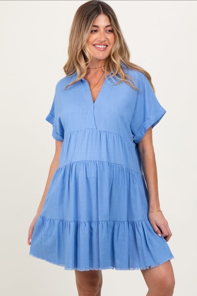 PinkBlush Blue Tiered Linen Maternity Dress