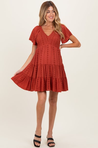 PinkBlush Rust Eyelet Embroidered V Neck Smocked Bodice Maternity Dress