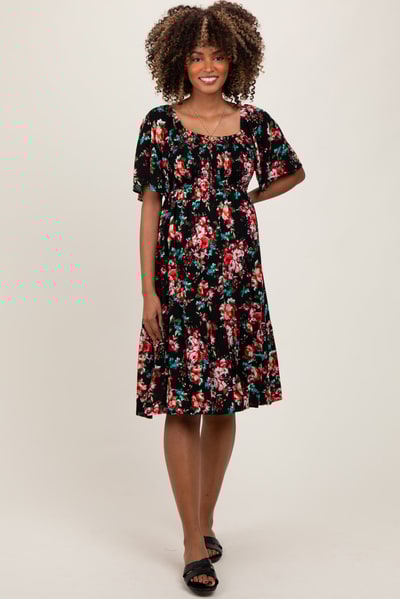 PinkBlush Black Floral Smocked Maternity Midi Dress