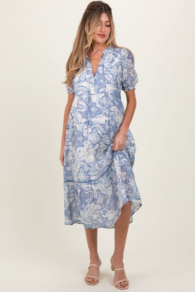 PinkBlush Blue Paisley Front Tie Ruffle Trim Maternity Midi Dress