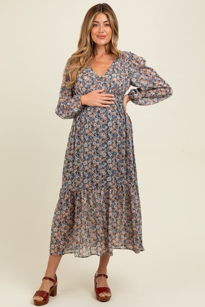 PinkBlush Blue Floral Smocked Waist Maternity Maxi Dress