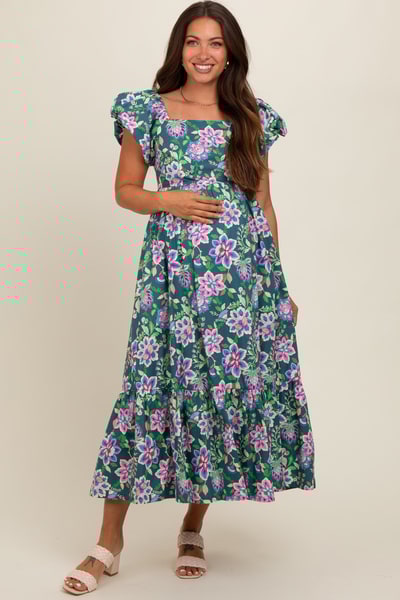 PinkBlush Green Floral Square Neck Puffy Sleeves Maternity Dress