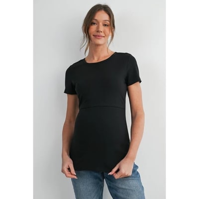 Target Hello Miz Women's Ribbed Crewneck Short Sleeve Maternity Nursing T-Shirt with Lift-Up Panel - Black - Medium