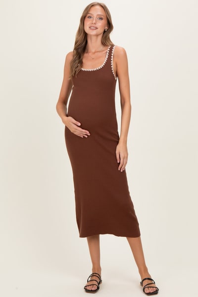 PinkBlush Brown Contrast Stitch Detail Ribbed Maternity Sweater Dress