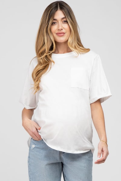 PinkBlush White Oversized Pocket Front Short Sleeve Maternity Top