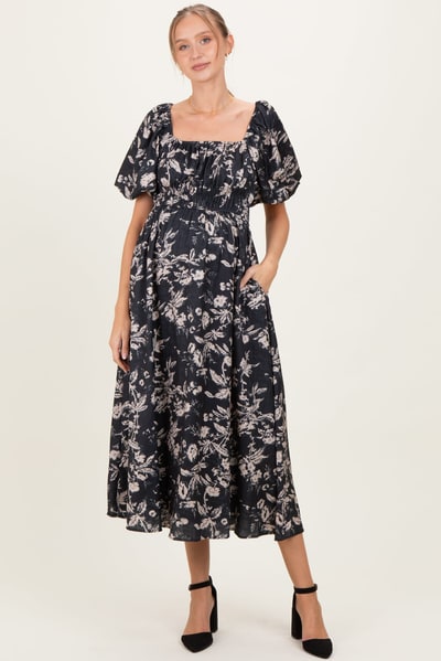PinkBlush Black Floral Puff Sleeve Smocked Waist Maternity Midi Dress