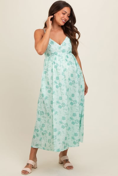 PinkBlush Mint Green Floral Eyelet V-Neck Maternity Midi Dress
