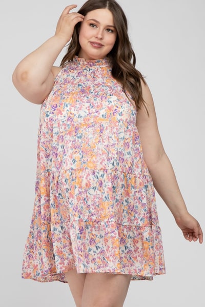 PinkBlush Pink Abstract Print Ruffle Neck Maternity Plus Dress