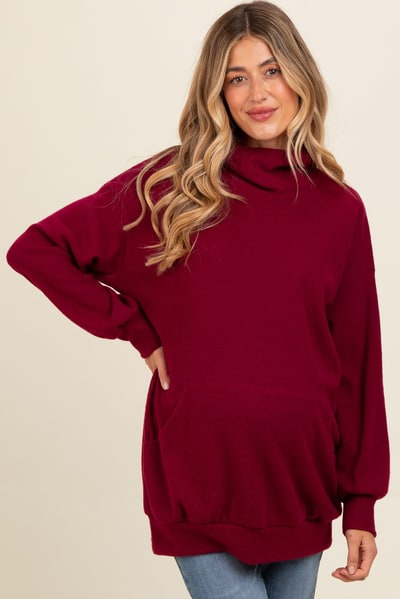 PinkBlush Burgundy Brushed Knit Cowl Neck Maternity Pullover