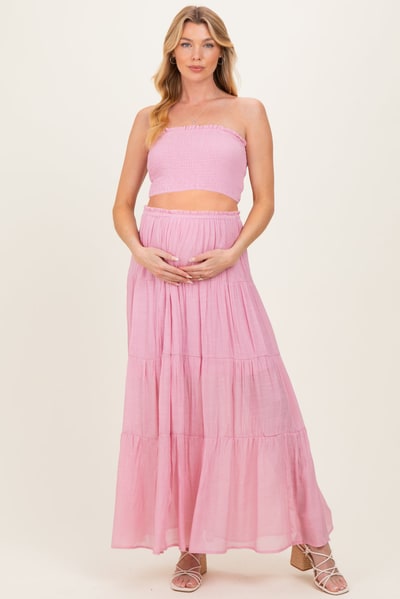 PinkBlush Light Pink Smocked Tube Top Tiered Skirt Maternity Set