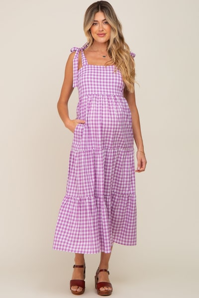 PinkBlush Lavender Checkered Sleeveless Tiered Maternity Maxi Dress