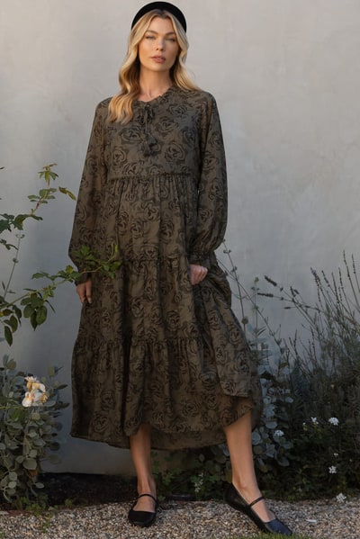 PinkBlush Olive Rose Floral Tiered Ruffle Maternity Midi Dress