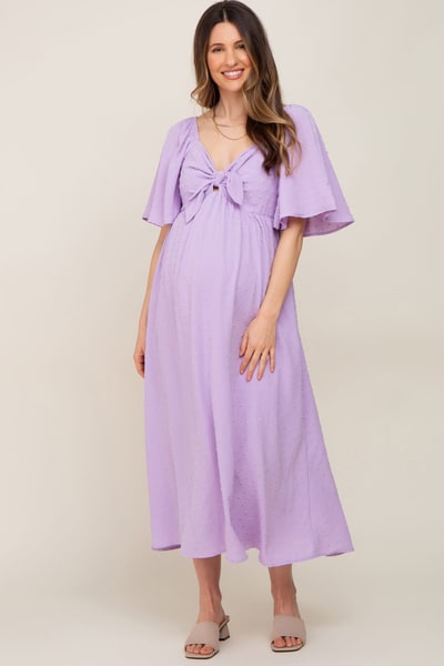 PinkBlush Lavender Textured Dot Front Tie Ruffle Sleeve Maternity Midi Dress