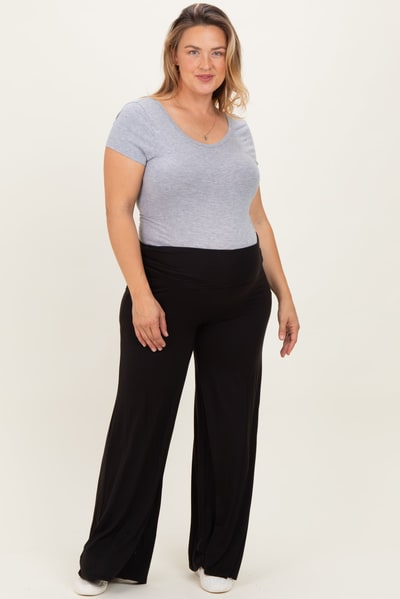PinkBlush Black Fold Over Waist Wide Leg Maternity Plus Lounge Pants