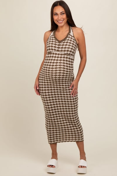 PinkBlush Olive Crochet Knit Ruffle Strap Maternity Midi Dress