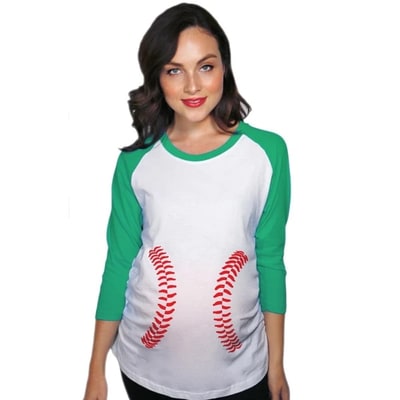 Target Maternity Raglan Baseball Laces Cute Funny Pregnancy 3/4 Length Sleeve Tee - Crazy Dog Maternity Raglan for Baseball Fan Green S