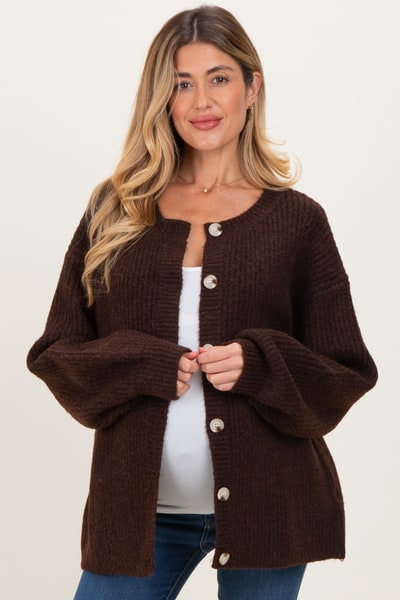PinkBlush Brown Knit Oversized Maternity Button Cardigan