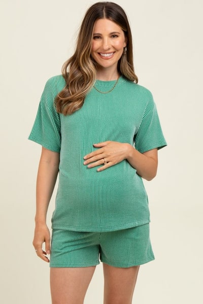 PinkBlush Green Ribbed Short Sleeve Tee and Short Maternity Set
