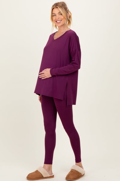 PinkBlush Plum Brushed Knit Maternity Oversized Top and Legging Set