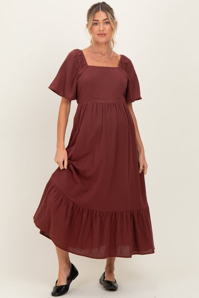 PinkBlush Burgundy Gingham Square Neck Ruffle Maternity Midi Dress