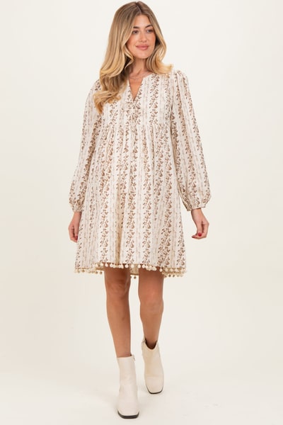 PinkBlush Brown Floral Pom Accent Hem Long Sleeve Maternity Dress