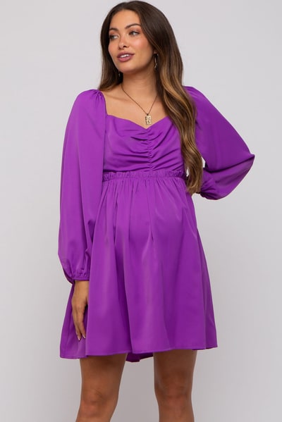 PinkBlush Purple Gathered Waist Long Sleeve Maternity Dress