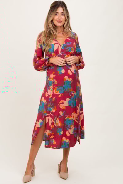 PinkBlush Burgundy Floral V-Neck Long Sleeve Maternity Dress