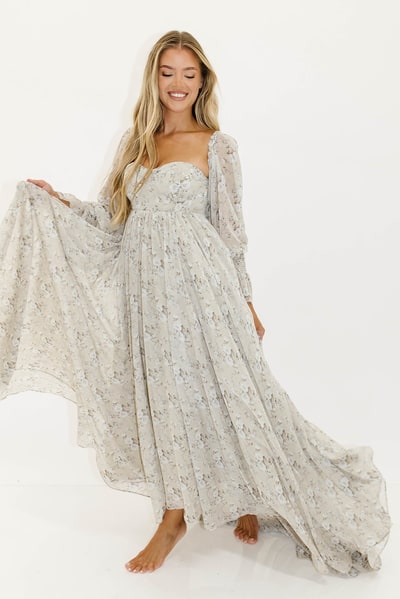 Worth Collective Delilah Maxi Dress with Train in Grey/Blue - Bump Friendly