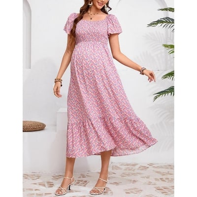 Target Maternity Dress Summer Ruffle Short Sleeve Square Neck Smocked Midi Dress Baby Shower Photoshoot Pink M