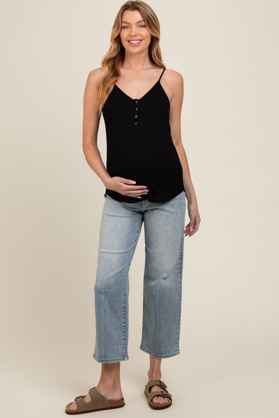 PinkBlush Light Blue Distressed Maternity Wide Leg Ankle Crop Jeans