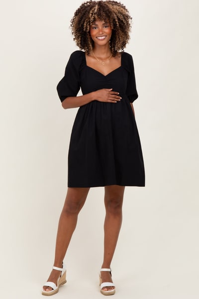 PinkBlush Black  Sweetheart Neckline Puff Sleeve Maternity Dress