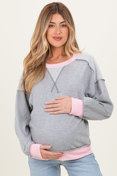 PinkBlush Heather Grey Contrast Band Exposed Seam Maternity Pullover