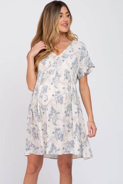 PinkBlush Blue Floral V-Neck Maternity Dress