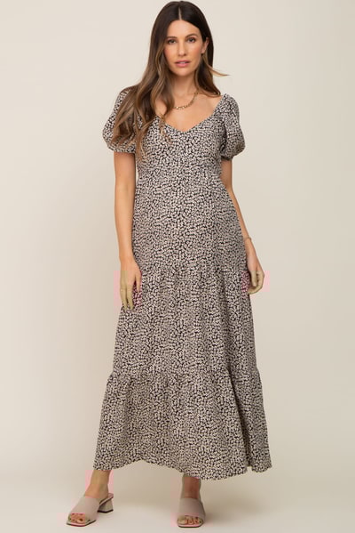 PinkBlush Ivory Floral Puff Sleeve Maternity Maxi Dress