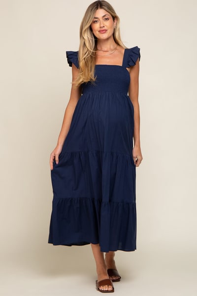 PinkBlush Navy Blue Sleeveless Tiered Maternity Maxi Dress