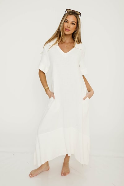 Worth Collective Fallon Linen-Blend Collared Midi Dress in Ivory - Bump Friendly
