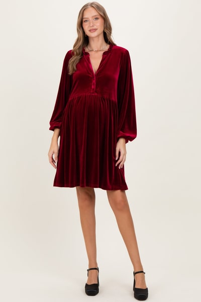 PinkBlush Burgundy Velvet Button Up V-Neck Maternity Dress