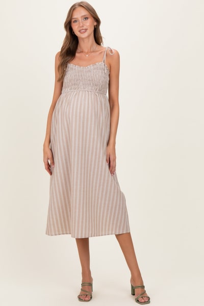 PinkBlush Mocha Striped Smocked Shoulder Tie Maternity Midi Dress