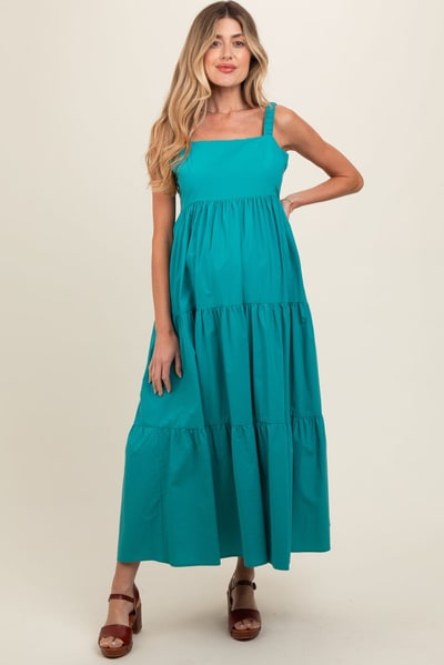 PinkBlush Teal Square Neck Cut Out Back Tiered Maternity Maxi Dress
