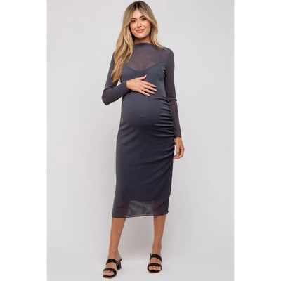 Target Pinkblush Charcoal Shimmer Mesh Long Sleeve Ruched Maternity Midi Dress Medium