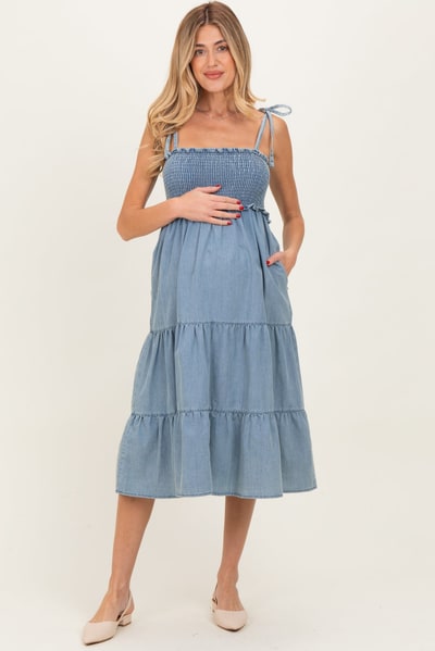 PinkBlush Light Blue Vintage Wash Denim Smocked Maternity Dress