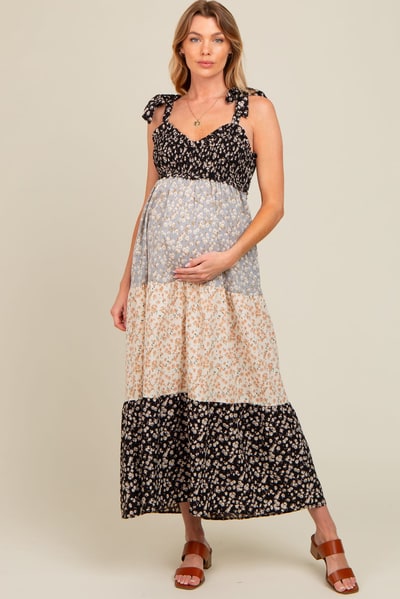 PinkBlush Multicolor Floral Colorblock Tier Shoulder Tie Maternity Maxi Dress