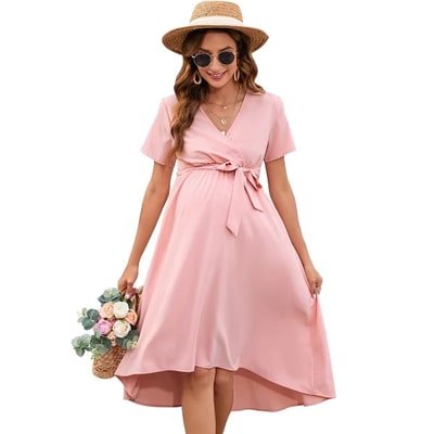 Target Maternity Dress Cross V Neck Wrap Dress Lantern Short Sleeve Tie High Waist Dress A-Line Flowy Dress with Belt Pink XL