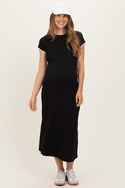 PinkBlush Black Contrast Trim Short Sleeve Maternity Midi Dress
