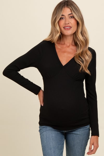 PinkBlush Black Ribbed V-Neck Long Sleeve Maternity Top