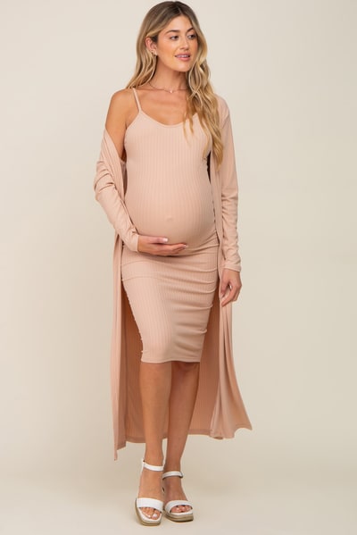 PinkBlush Beige Ribbed Cardigan 2 Piece Maternity Set