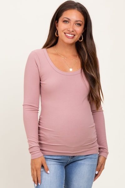 PinkBlush Mauve Ribbed Ruched Maternity Long Sleeve Top